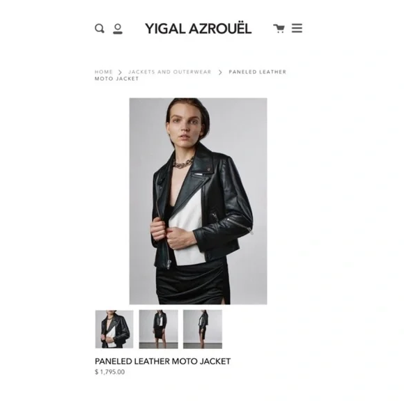 New! YIGAL AZROUEL Paneled Color Block Leather Moto Jacket in Black and White - Picture 3 of 13